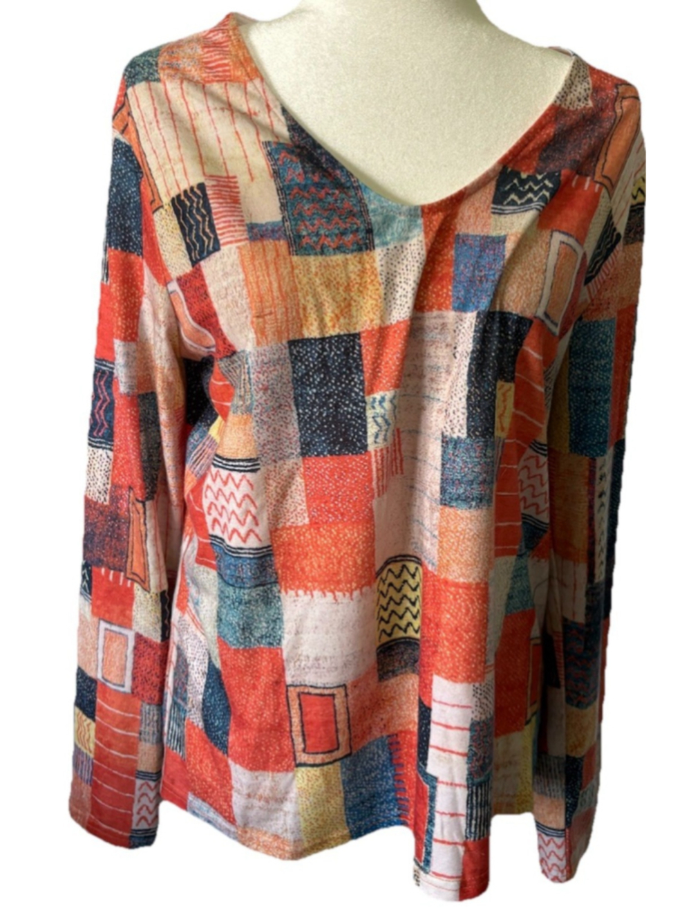 Artistic Patchwork Abstract Print Long Sleeve V-Neck Top Women’s Large Geometric